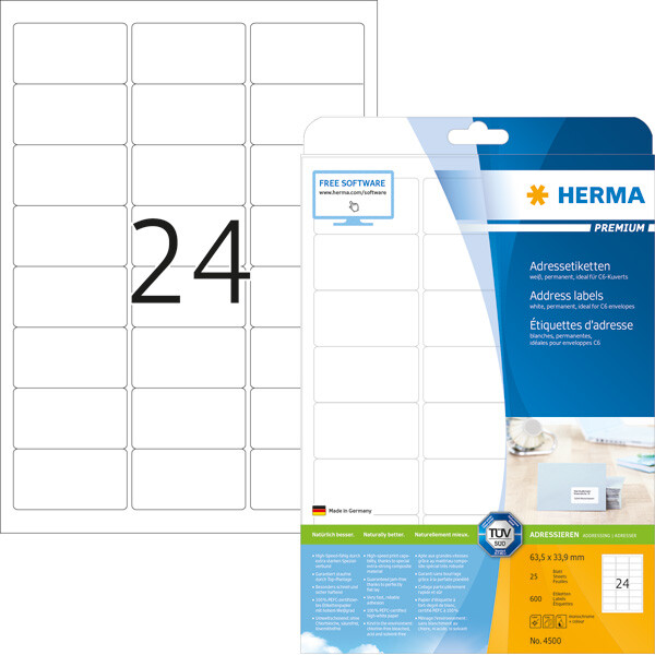 Universaletikett Herma 4500 - A4 63,5 x 33,9 mm weiß permanent FSC Papier für alle Druckertypen Pckg/600