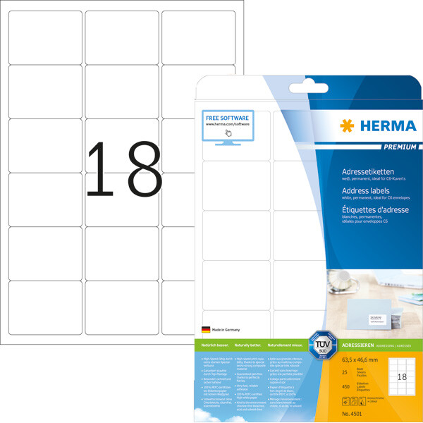 Universaletikett Herma 4501 - A4 63,5 x 46,6 mm weiß permanent FSC Papier für alle Druckertypen Pckg/450