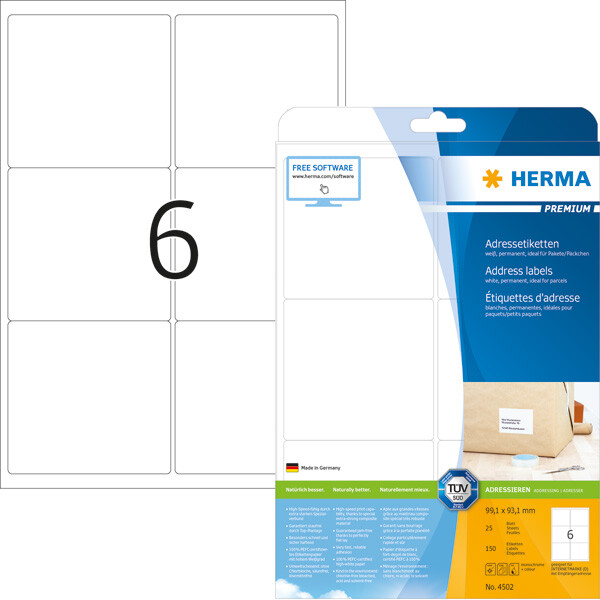 Universaletikett Herma 4502 - A4 99,1 x 93,1 mm weiß permanent FSC Papier für alle Druckertypen Pckg/150