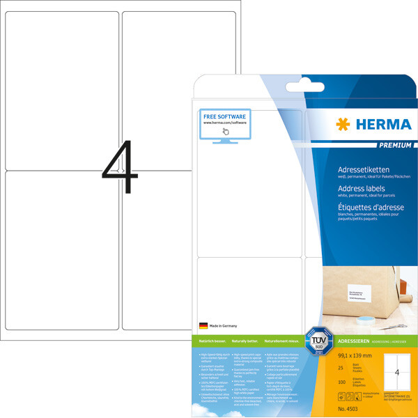 Universaletikett Herma 4503 - A4 99,1 x 139 mm weiß permanent FSC Papier für alle Druckertypen Pckg/100