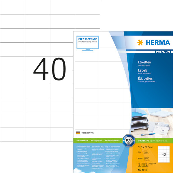 Universaletikett Herma 4610 - A4 52,5 x 29,7 mm weiß permanent FSC Papier für alle Druckertypen Pckg/8000