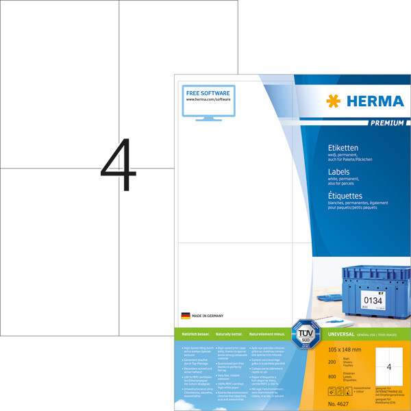 Universaletikett Herma 4627 - A4 105 x 148 mm weiß permanent FSC Papier für alle Druckertypen Pckg/800