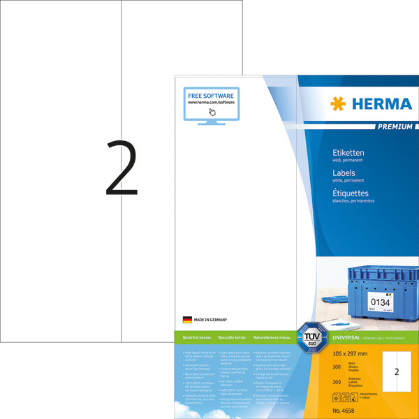 Universaletikett Herma 4658 - A4 105 x 297 mm weiß permanent FSC Papier für alle Druckertypen Pckg/200
