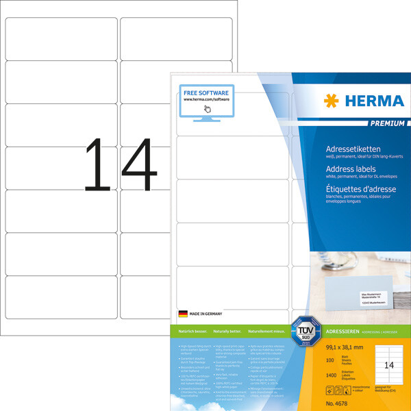 Universaletikett Herma 4678 - A4 99,1 x 38,1 mm weiß permanent FSC Papier für alle Druckertypen Pckg/1400