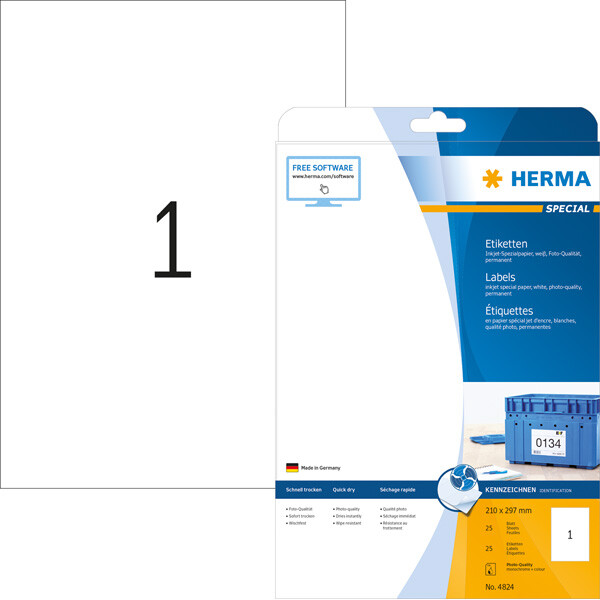 Inkjetetikett Herma 4824 - A4 210 x 297 mm weiß permanent Papier für Inkjetdrucker Pckg/25