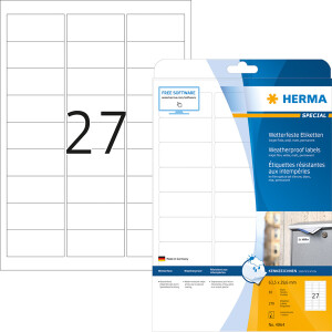 Folienetikett Herma 4864 - A4 63,5 x 29,6 mm weiß permanent matt wetterfest Folie für Inkjetdrucker Pckg/270