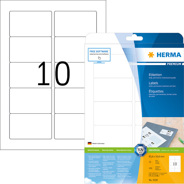 Universaletikett Herma 5028 - A4 83,8 x 50,8 mm weiß permanent FSC Papier für alle Druckertypen Pckg/250