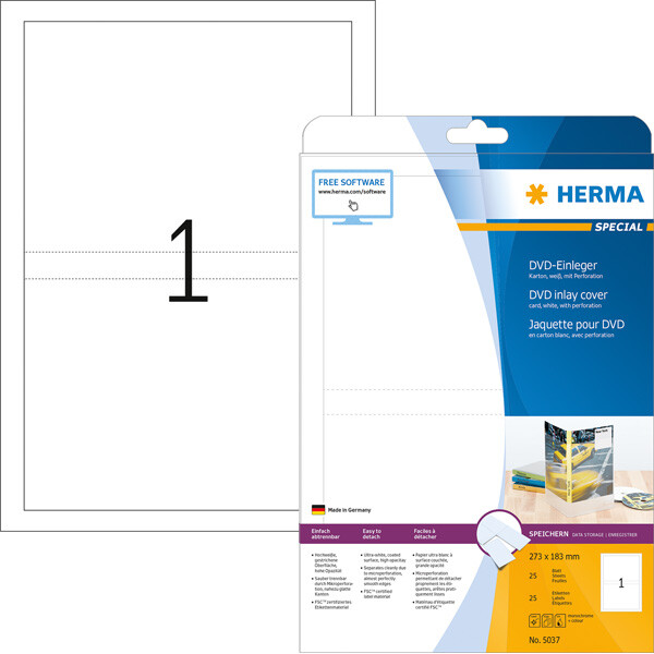 DVD Einleger Herma 5037 - A4 183 x 279 mm weiß permanent mikroperforiert FSC Karton für alle Druckertypen Pckg/25