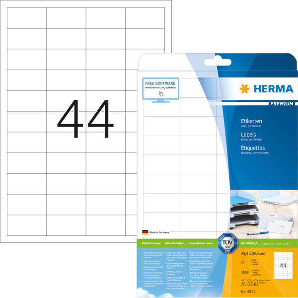 Universaletikett Herma 5051 - A4 48,3 x 25,4 mm weiß permanent FSC Papier für alle Druckertypen Pckg/1100