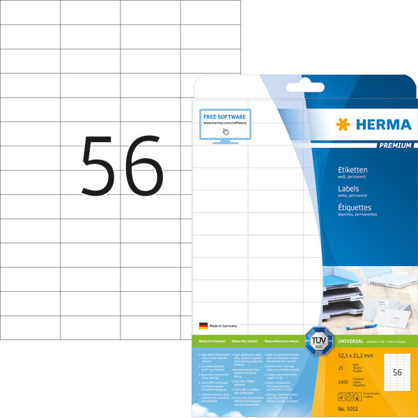 Universaletikett Herma 5052 - A4 52,5 x 21,2 mm weiß permanent FSC Papier für alle Druckertypen Pckg/1400