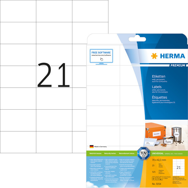 Universaletikett Herma 5054 - A4 70 x 42,3 mm weiß permanent FSC Papier für alle Druckertypen Pckg/525