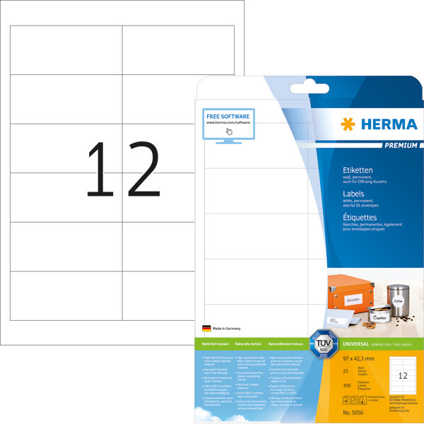 Universaletikett Herma 5056 - A4 96,5 x 42,3 mm weiß permanent FSC Papier für alle Druckertypen Pckg/300