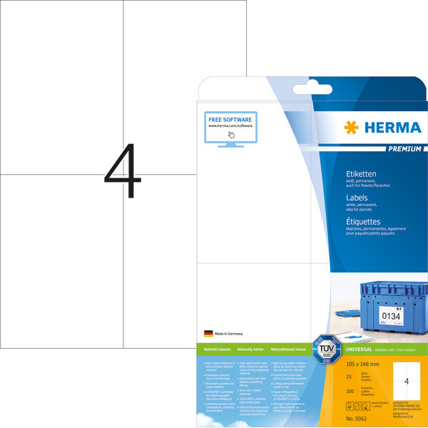 Universaletikett Herma 5063 - A4 105 x 148 mm weiß permanent FSC Papier für alle Druckertypen Pckg/100