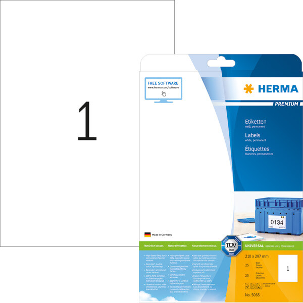 Universaletikett Herma 5065 - A4 210 x 297 mm weiß permanent FSC Papier für alle Druckertypen Pckg/25