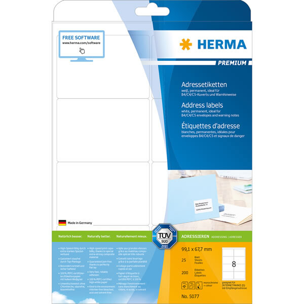 Universaletikett Herma 5077 - A4 99,1 x 67,7 mm weiß permanent FSC Papier für alle Druckertypen Pckg/200