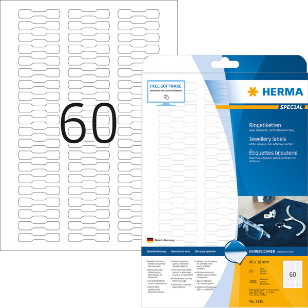 Ringetikett Herma 5116 - A4 49 x 10 mm weiß selbstklebend (außer Mittelsteg) Papier für alle Druckertypen Pckg/1500