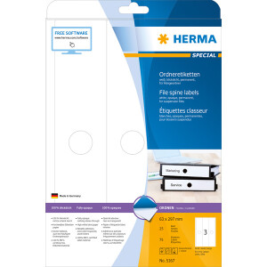 Ordnerrückenschild Herma 5167 - 63 x 297 mm weiß breit / lang selbstklebend für alle Druckertypen Pckg/75