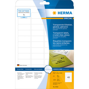 Folienetikett Herma 8016 - A4 45,7 x 21,2 mm transparent permanent glänzend Polyesterfolie für Laser, Kopierer, Farblaserdrucker Pckg/1200