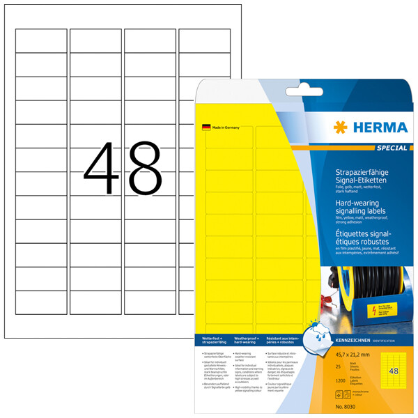 Folienetikett Herma 8030 - A4 45,7 x 21,2 mm gelb extrem stark haftend matt wetterfest Polyesterfolie für Laser, Kopierer, Farblaserdrucker Pckg/1200