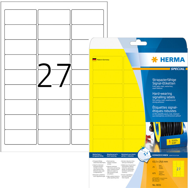 Folienetikett Herma 8031 - A4 63,5 x 29,6 mm gelb extrem stark haftend matt wetterfest Polyesterfolie für Laser, Kopierer, Farblaserdrucker Pckg/675