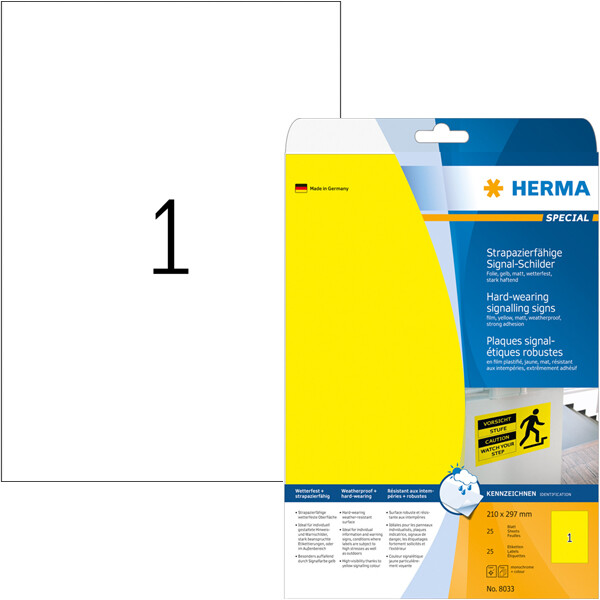 Folienetikett Herma 8033 - A4 210 x297 mm gelb extrem stark haftend matt wetterfest Polyesterfolie für Laser, Kopierer, Farblaserdrucker Pckg/25