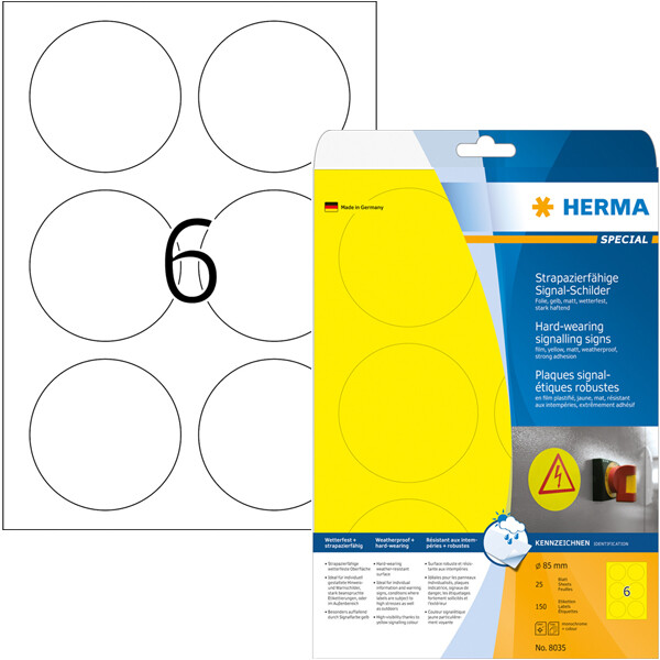 Folienetikett Herma 8035 - A4 Ø 85 mm gelb extrem stark haftend matt wetterfest Polyesterfolie für Laser, Kopierer, Farblaserdrucker Pckg/150
