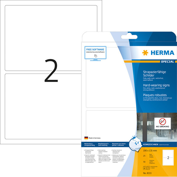 Folienetikett Herma 8333 - A4 190 x 135 mm weiß extrem stark haftend matt wetterfest Polyesterfolie für Laser, Kopierer, Farblaserdrucker Pckg/50