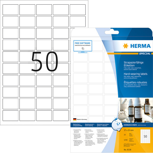 Folienetikett Herma 8338 - A4 37 x 25 mm weiß extrem stark haftend matt wetterfest Polyesterfolie für Laser, Kopierer, Farblaserdrucker Pckg/1250