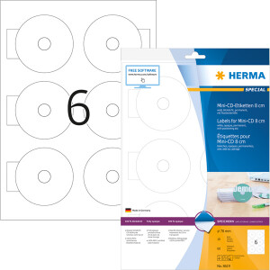 CD Etikett Herma 8619 - A4 Mini Ø 78 mm weiß permanent matt blickdicht Papier für alle Druckertypen Pckg/60