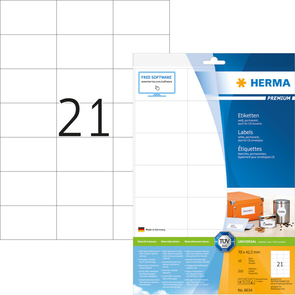 Universaletikett Herma 8634 - A4 70 x 42,3 mm weiß permanent FSC Papier für alle Druckertypen Pckg/210