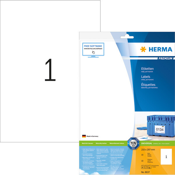 Universaletikett Herma 8637 - A4 210 x 297 mm weiß permanent FSC Papier für alle Druckertypen Pckg/10