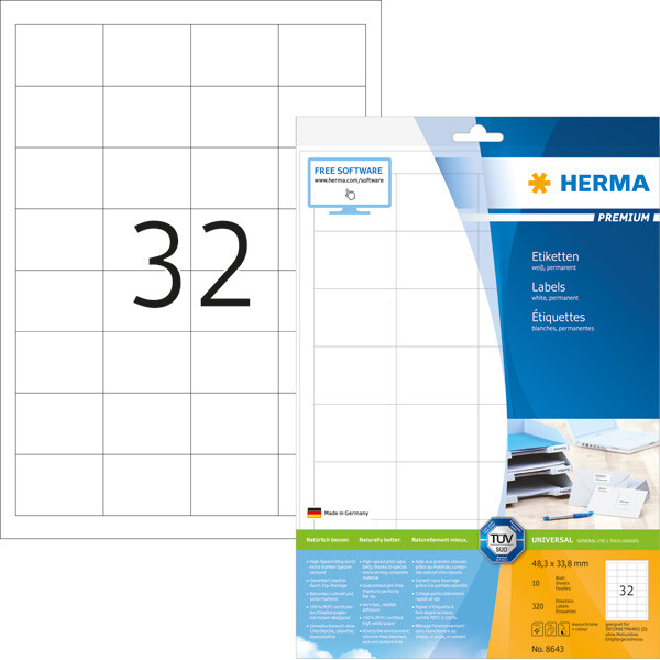 Universaletikett Herma 8643 - A4 48,3 x 33,8 mm weiß permanent FSC Papier für alle Druckertypen Pckg/320