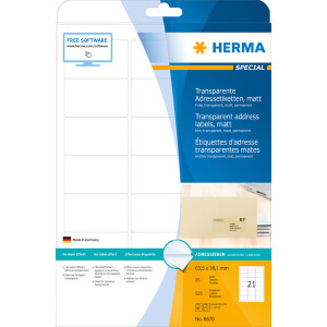 Folienetikett Herma 8670 - A4 63,5 x 38,1 mm transparent permanent matt wetterfest Polyesterfolie für Laser, Kopierer, Farblaserdrucker Pckg/525