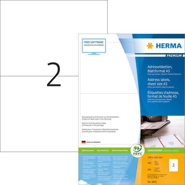 Universaletikett Herma 8691 - A5 148 x 105 mm weiß permanent FSC Papier für alle Druckertypen Pckg/800