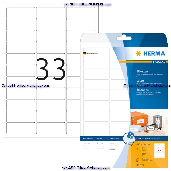 Inkjetetikett Herma 8837 - A4 63,5 x 25,4 mm weiß permanent Papier für Inkjetdrucker Pckg/825