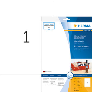 Glossyetikett Herma 8895 - A4 210 x 297 mm weiß permanent hochglanz Papier für Inkjetdrucker Pckg/10