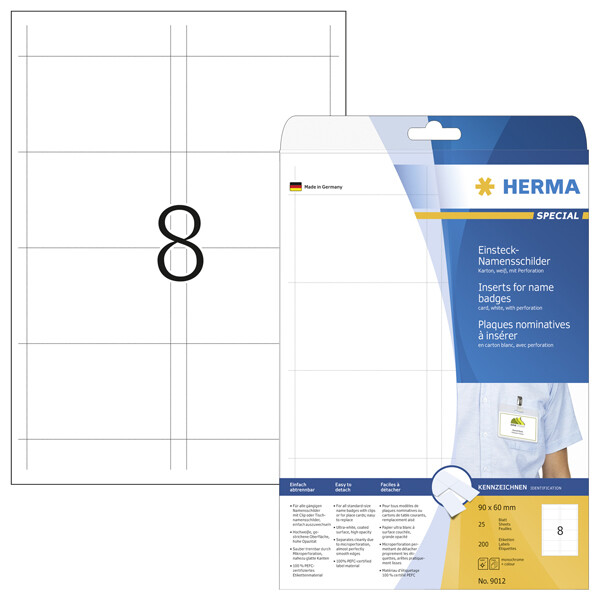 Namensschild Einsteckschild Herma 9012 - 60 x 90 mm weiß perforiert 	für Inkjet-, Laser-, Farblaserdrucker und Kopierer Pckg/200