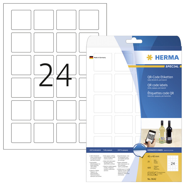 Universaletikett QR Code Herma QR-Code Etiketten 9642 - A4 40 x 40 mm weiß permanent FSC Papier für alle Druckertypen Pckg/600