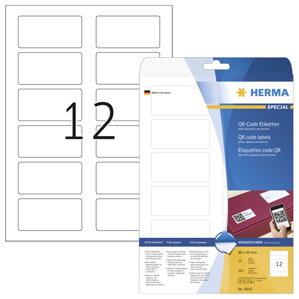 Universaletikett QR Code Herma QR-Code Etiketten 9643 - A4 80 x 40 mm weiß permanent FSC Papier für alle Druckertypen Pckg/300