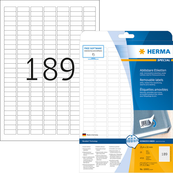 Haftetikett Herma 10001 - auf Bogen 25,4 x 10 mm weiß ablösbar Papier für Handbeschriftung Pckg/4725