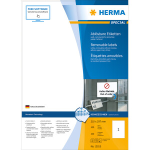 Haftetikett Herma 10315 - auf Bogen 210 x 297 mm weiß ablösbar Papier für alle Druckertypen Pckg/100