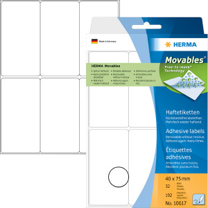 Haftetikett Herma 10617 - auf Bogen 40 x 75 mm weiß ablösbar Papier für Handbeschriftung Pckg/192