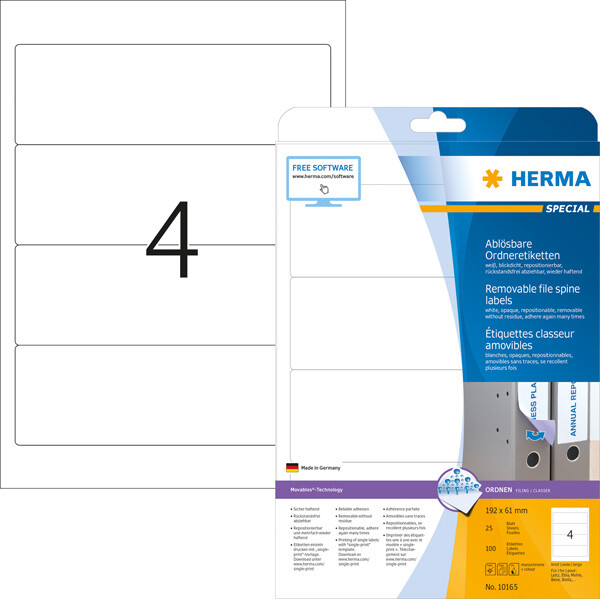 Ordnerrückenschild Herma 10165 - 61 x 192 mm weiß breit / kurz ablösbar für alle Druckertypen Pckg/100