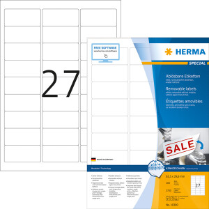 Haftetikett Herma 10300 - auf Bogen 63,5 x 29,6 mm weiß ablösbar Papier für alle Druckertypen Pckg/2100
