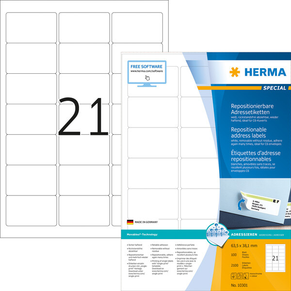 Haftetikett Herma 10301 - auf Bogen 63,5 x 38,1 mm weiß ablösbar Papier für alle Druckertypen Pckg/2100