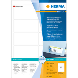 Haftetikett Herma 10307 - auf Bogen 96 x 50,8 mm weiß ablösbar Papier für alle Druckertypen Pckg/1000