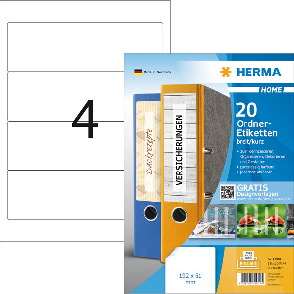 Ordnerrückenschild Herma 12901 - 61 x 192 mm weiß breit / kurz ablösbar für alle Druckertypen Pckg/20