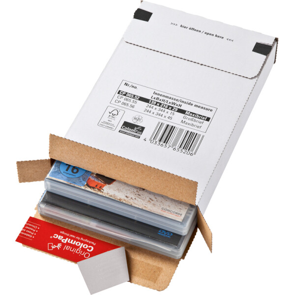 Kurierpaket Mayer Kuvert ColomPac 30000263 - für Maxi/Großbrief 216 x 139 x 29 mm weiß mit doppeltem Selbstklebeverschluß FSC-Wellpappe Pckg/100