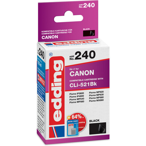 Tintendruckerpatrone edding ersetzt Canon 240-EDD - schwarz (Foto) CLI-521BK ca. 1.250 Seiten 10,5 ml