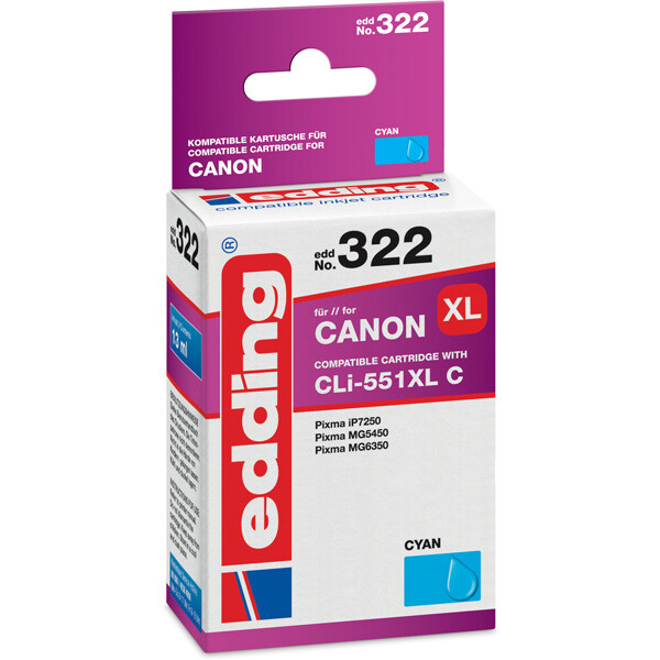 Tintendruckerpatrone edding ersetzt Canon 322-EDD - cyan CLI-551XL C ca. 800 Seiten 13 ml